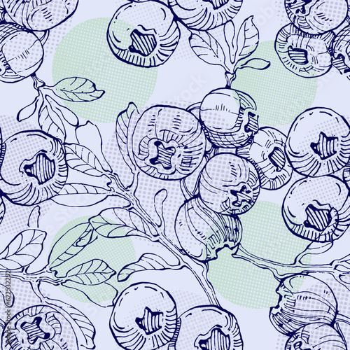 Seamless blueberry patterns. Vector illustrations of tasty bilberries, blueberries or huckleberries. Hand drawn abstract organic pattern. Collage contemporary print. Fashionable template for design.