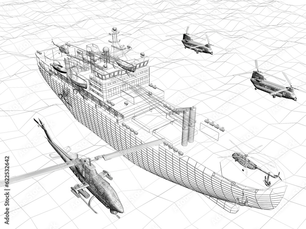 warship on the sea with helicopter, 3d rendering wireframe