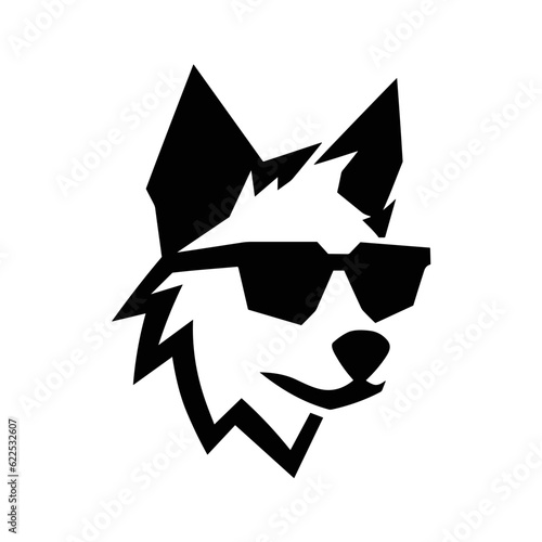 Wolf head wearing glasses. Geometric vector illustration. Gentleman wolf badge emblem logo icon