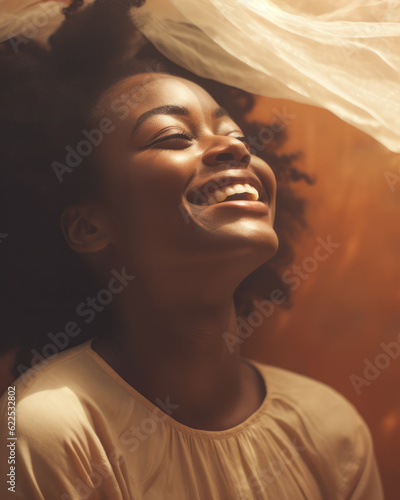 Close up of a joyful African American young woman laughing with a light brown color background. Generative AI