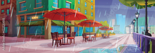 Outdoor city cafe exterior with rain in summer vector cartoon illustration. Rainy weather outside restaurant building with falling droplet in water puddle. Urban coffeehouse cityscape background