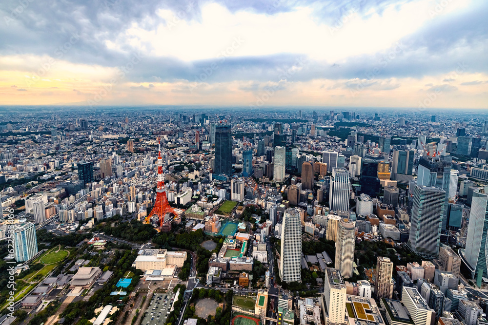 Aerial view of Tokyo Tower in Minato City, Tokyo, Japan