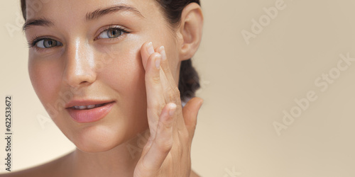 Cosmetics Skin Care Concept Photo of Close-up Woman Perfect Face with Hydrated Skin