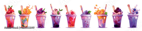 Milk tea bubble drink vector juice cup cartoon illustration. Ice boba sugar milkshake dessert clipart for taiwanese asian menu. Delicious fruit sweet bubbletea with straw. Cream tapioca in plastic set