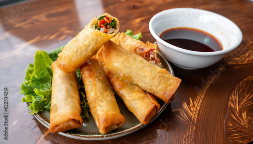 Crispy golden fried vegetable spring rolls with fresh ingredients served with soy and sweet and sour sauce in an oriental restaurant