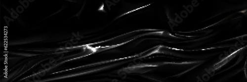 Background of plastic wrap texture. Mockup of cellophane bag, black polyethylene film for package and wrapper. Stretch pvc tape, pack or pouch with wrinkles, vector realistic illustration