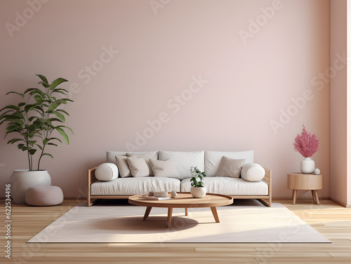 Mockup living room interior with sofa coffee table and plants on empty pink wall background mock up
