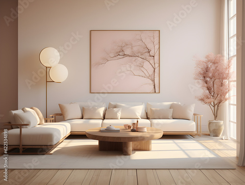 Mockup living room interior with sofa coffee table and plant on empty white wall background poster frames mock up