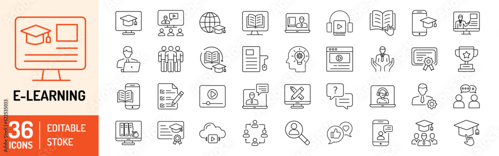 e-Learning editable stroke outline Icons set. E-Learning, online education, global education, distance learning, e-book, online test, webinar, teacher and graduation. Vector illustration e-Learning editable stroke outline Icons set. E-Learning, online education, global education, distance learning, e-book, online test, webinar, teacher and graduation. Vector illustration