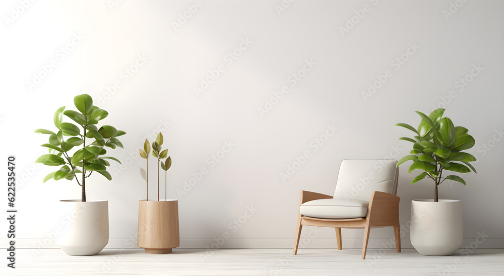 modern living room interior with armchair and plants on floor, empty wall tv mock up