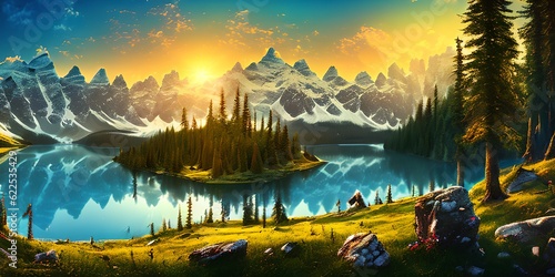Mountain Landscape with Lake, Generative AI Illustration photo