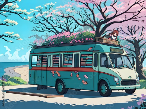 Wallpaper Mural Mobile book library bus, Generative AI Illustration Torontodigital.ca