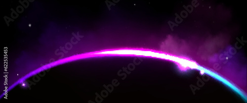 Earth planet eclipse with purple light on horizon abstract vector background. Sunrise flare space effect ring above moon dark design. Circle edge glow with smoke and magic sparkle outer backdrop.