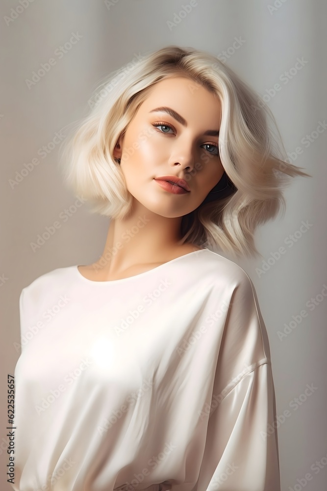 Timeless Glamour Portrait of a Blond Woman in a Sleek White Shirt, Exuding Elegance with a Tilted Head in Soft Light, Generative AI Timeless Glamour Portrait of a Blond Woman in a Sleek White Shirt, Exuding Elegance with a Tilted Head in Soft Light, Generative AI