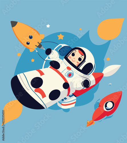 Astronaut riding rocket in the space  vector cartoon illustration
