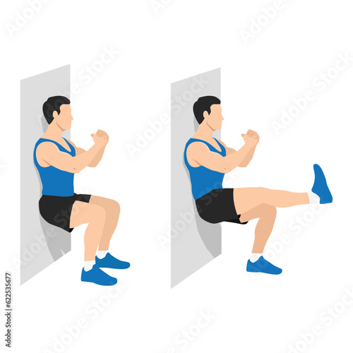 Man doing wall sit exercise. Flat vector illustration isolated on white background