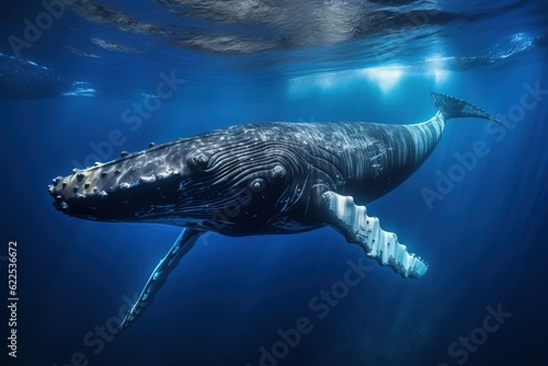 Fotografiet Whale face down under deep blue ocean water generated by AI