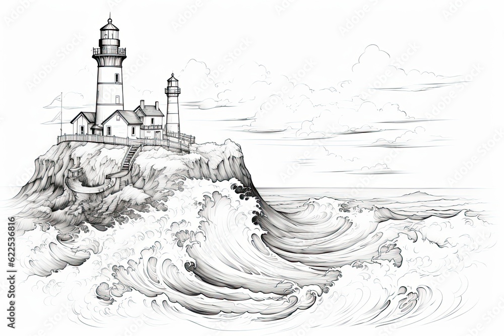 The lighthouse stands atop a cliff, watching the crashing waves. (Generative AI)
