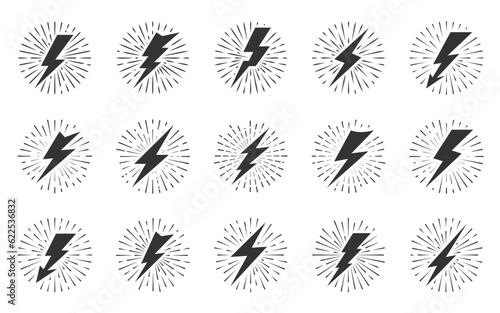 Lightning bolt flash with sunburst effect. Thunderbolt with vintage circle sun rays. Danger energy power symbol. Thunder strike radial sunset beams and thundershock zigzag arrow. Fireworks explosion