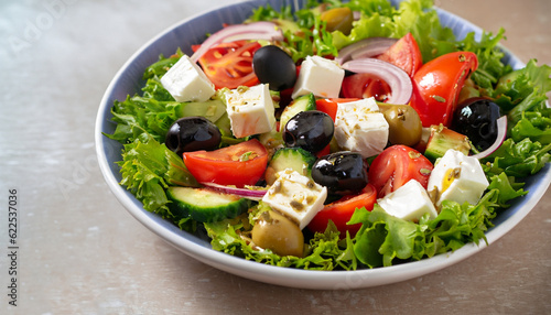 Individual side serving of delicious fresh Greek salad with feta cheese, olives, tomatoes and salad greens