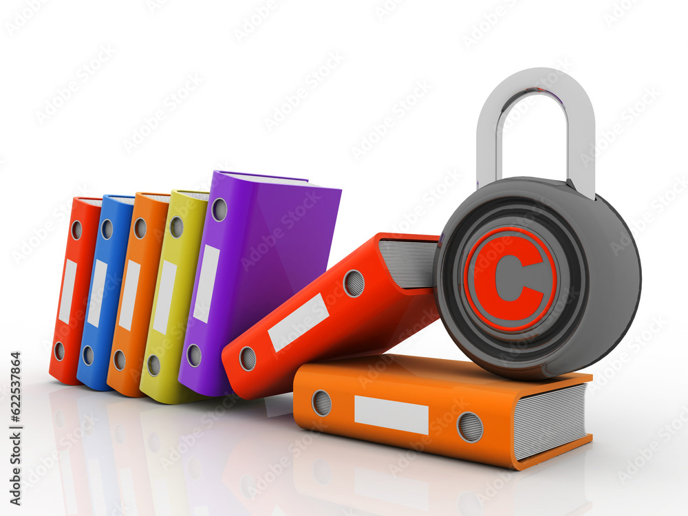 3d illustration Office folders with copyright lock 3d illustration Office folders with copyright lock