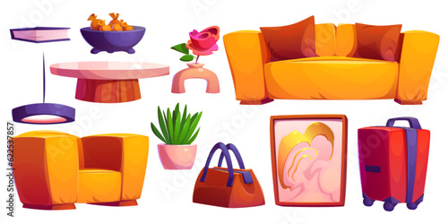 Hotel lobby room furniture vector illustration set. Cartoon business area inside luxury building isolated clipart collection. Deluxe hospitality company lounge indoor with rose plant and suitcase photo
