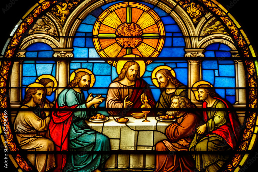 Inspiring depiction of Jesus feeding the five thousand, captured in vibrant stain glass within a Catholic cathedral; an evocative educational reference to Matthew 14, Bible. Generative AI