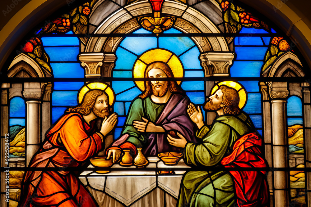 Stunning stained-glass depiction of the biblical miracle, Jesus feeding five thousand, in a vibrant cathedral setting, resonating emotion and spiritual teachings. Generative AI