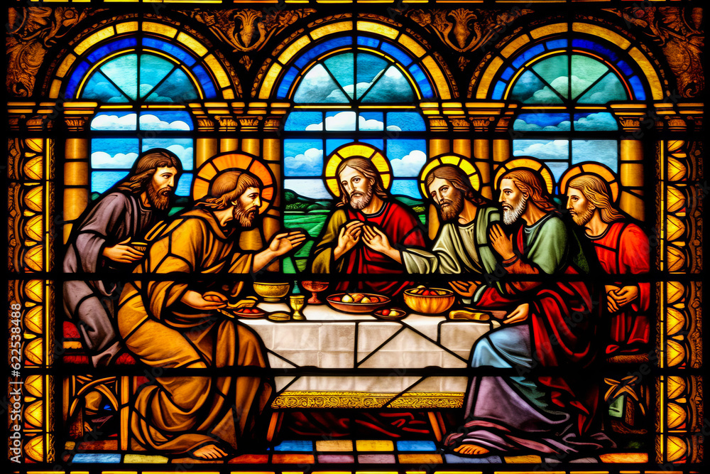 Spectacular stained glass artwork of Jesus feeding the five thousand, capturing iconic Biblical scene (Matthew 14:13-21) in a captivating play of colors. Generative AI