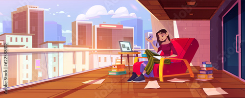 Girl on city building terrace cartoon interior background. Skyscraper cityscape view from open balcony with brick wall. Woman sitting in armchair and writing diary or book in hotel glass fence patio