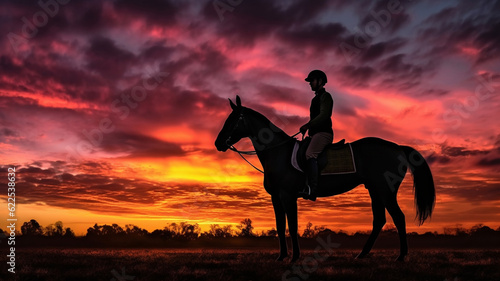 Silhouette of Horse Rider Against Colorful Sunset © Sufyan