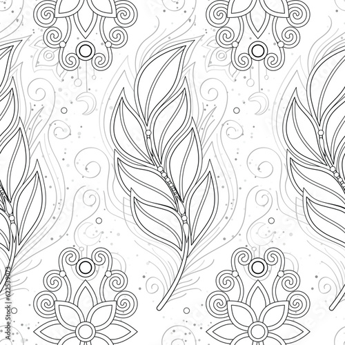 Seamless Aesthetic Pattern with Mystical Cosmic Feather and Flowers on White. Aesthetic Object with Oriental Stylization. Futuristic Dreaming Concept. Vector Contour Illustration. Coloring Book Page