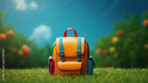 Kids School Bag on grass with flowers, back to school concept
