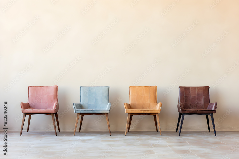 Obraz premium modern minimalist leather chairs in modern room interior on empty concrete wall background
