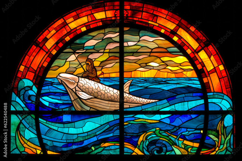 Vibrant stainedglass depiction of the iconic Biblical scene Jonah