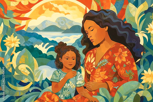 Enchanting mother and daughter in Oceanic Islander style, celebrating Mother's Day amid vibrant tropical hues and Pacific Island symbolism. Generative AI photo