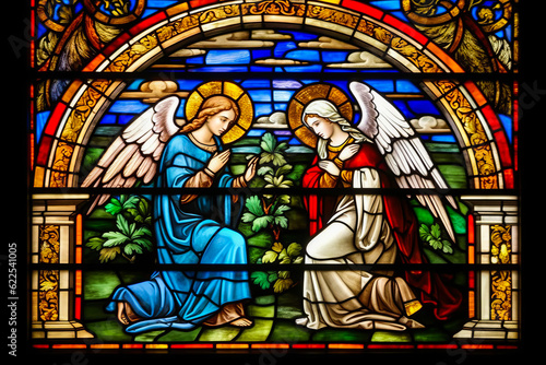 Vibrant stained glass depiction of Angel's visit to Mary, a biblical reference from Luke 1:26-38. Ideal for educational catechesis in a Catholic cathedral or church. Generative AI