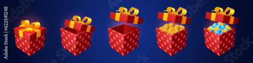 Ribbon gift box ui game bonus icon cartoon vector. Birthday present reward loot for gui mobile app. Casino trophy package achievement set. Isometric giveaway open and close mystery pack with money