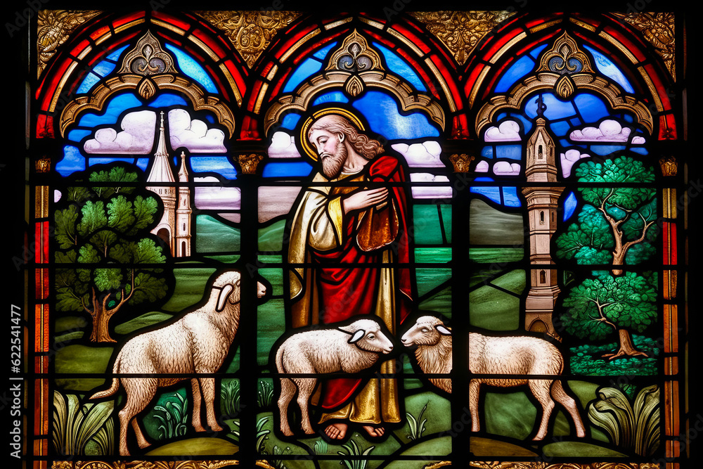 Enthralling stained glass scene of the Parable of the Lost Sheep, Luc 15:1-7 reference, in a grand Catholic cathedral for educational catechism study. Generative AI