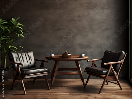 dark modern minimalist room interior with wooden table leather chairs and plant pot on dark rustic empty wall minimal decorations