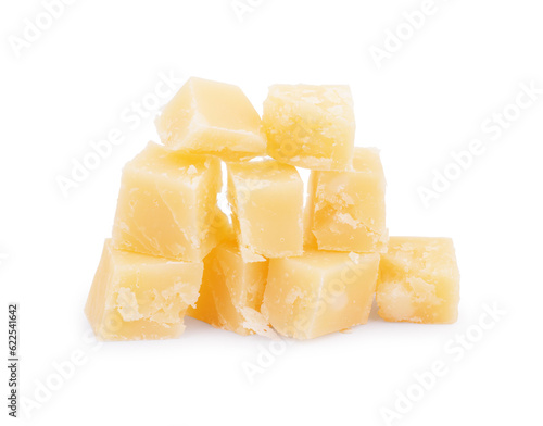 Swiss cheese cubes on white background