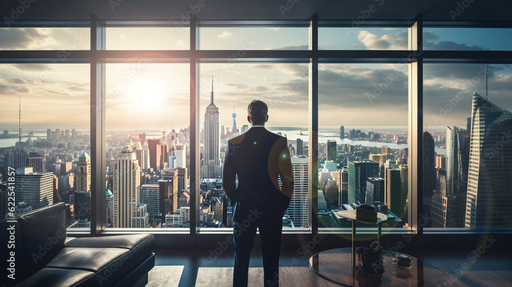 Fototapeta premium Businessman standing in office room, in front of big window, watch downtown below, back side. Generated AI