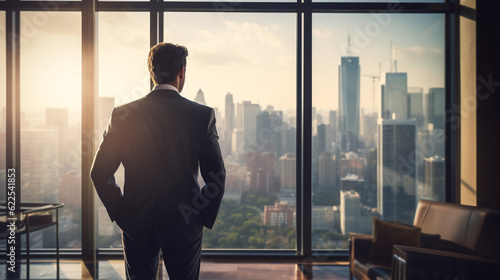 Businessman standing in office room, in front of big window, watch downtown below, back side. Generated AI