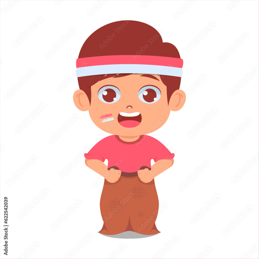 Cute boy celebrates Indonesia's anniversary by participating in a sack race Cute boy celebrates Indonesia's anniversary by participating in a sack race