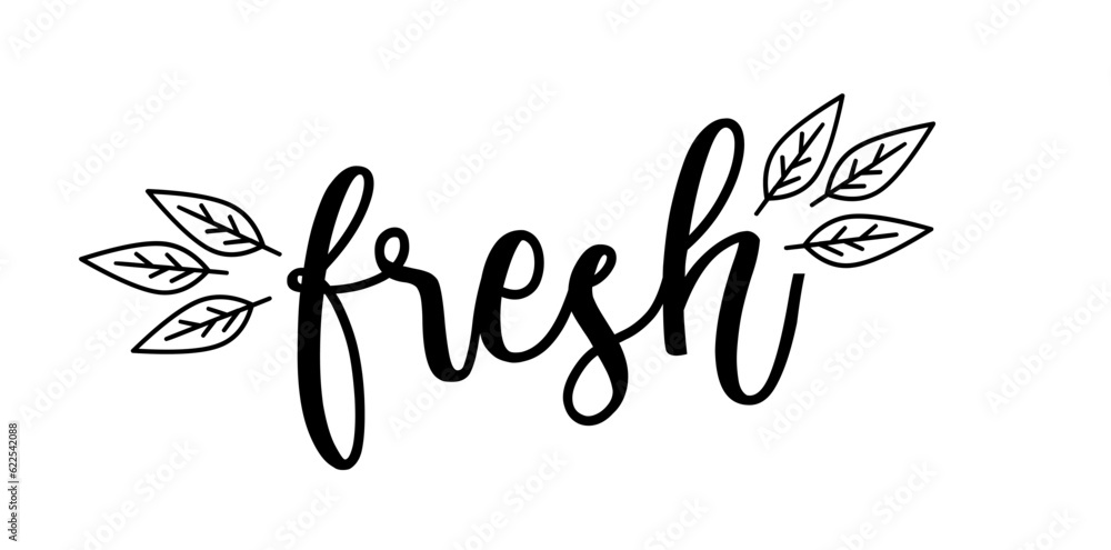 Fresh typography logo. Design fresh icon with leaf. Fresh vector sign word. Design food market poster, flyer, banner. Hand drawn calligraphy text. Signboard icon fresh. Black and white illustration.