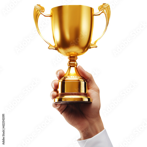 Hand of businessman rise and holding golden trophy. Generated AI