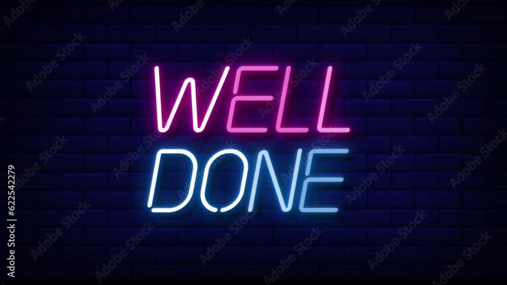 well done neon light text on brick wall background motion animation. Glowing large text concept looping animation. well done neon light text on brick wall background motion animation. Glowing large text concept looping animation.