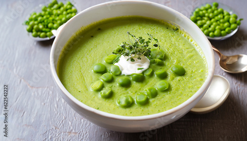 Bowl of healthy green pea soup topped with cream and fresh herbs served as a starter