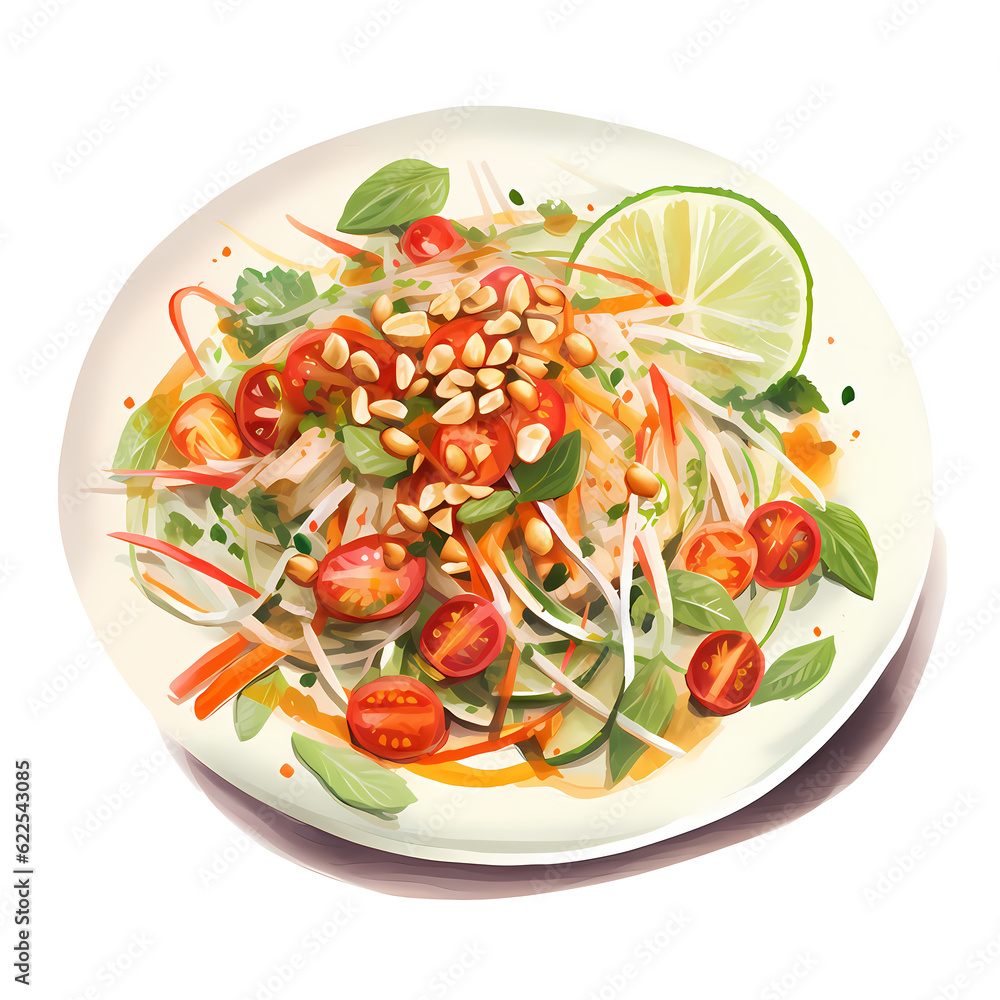 Water color style of refreshing plate of Som Tam, showcasing a zesty green papaya salad with shredded carrots, tomatoes, peanuts, and a tangy lime dressing, isolated on transparent background Water color style of refreshing plate of Som Tam, showcasing a zesty green papaya salad with shredded carrots, tomatoes, peanuts, and a tangy lime dressing, isolated on transparent background