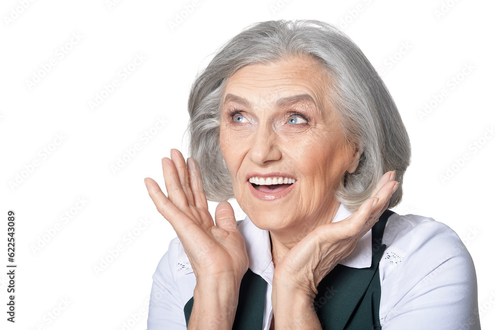 portrait of senior woman posing isolated on white background portrait of senior woman posing isolated on white background